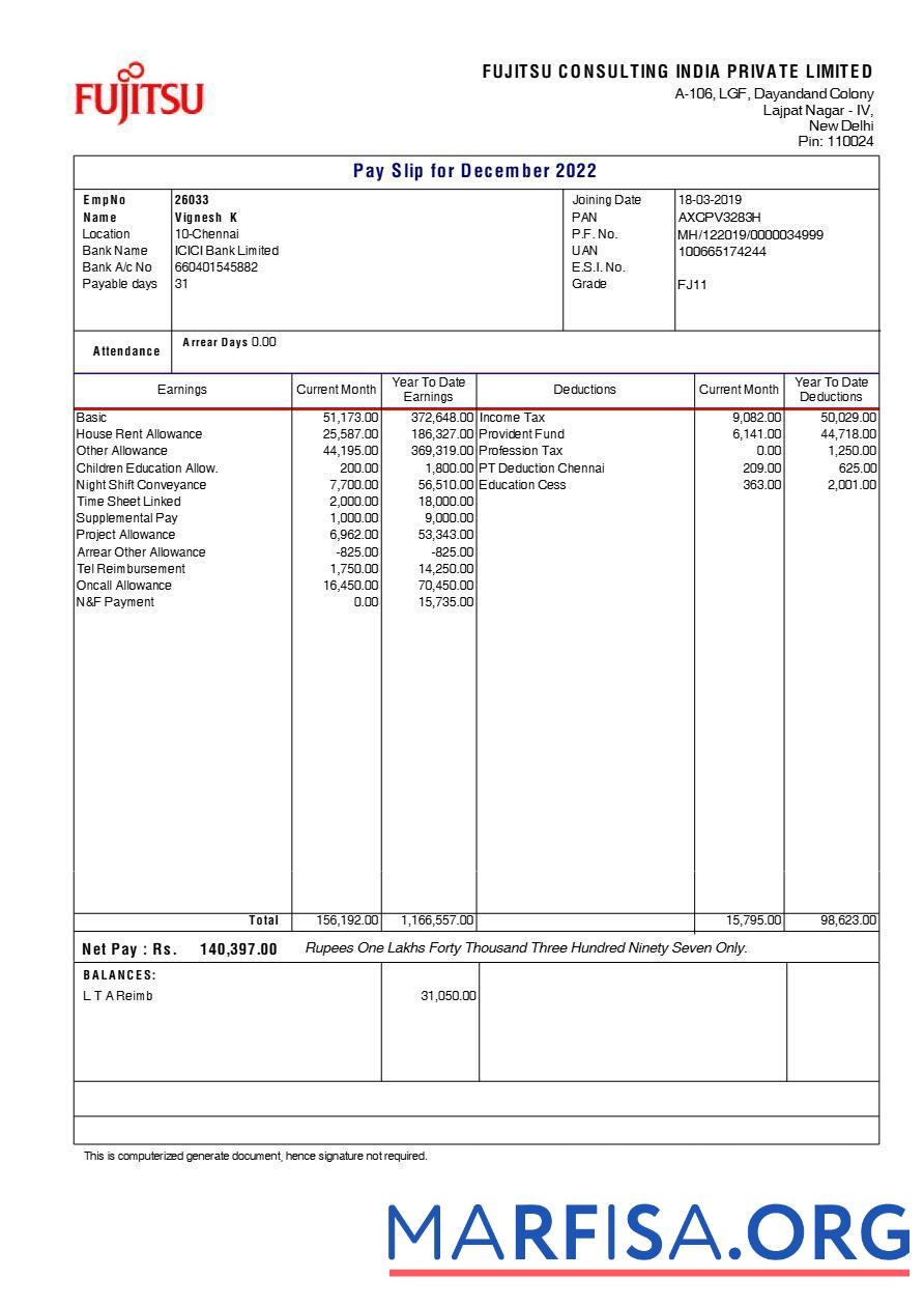 Printable Fujitsu Consulting India payslip template